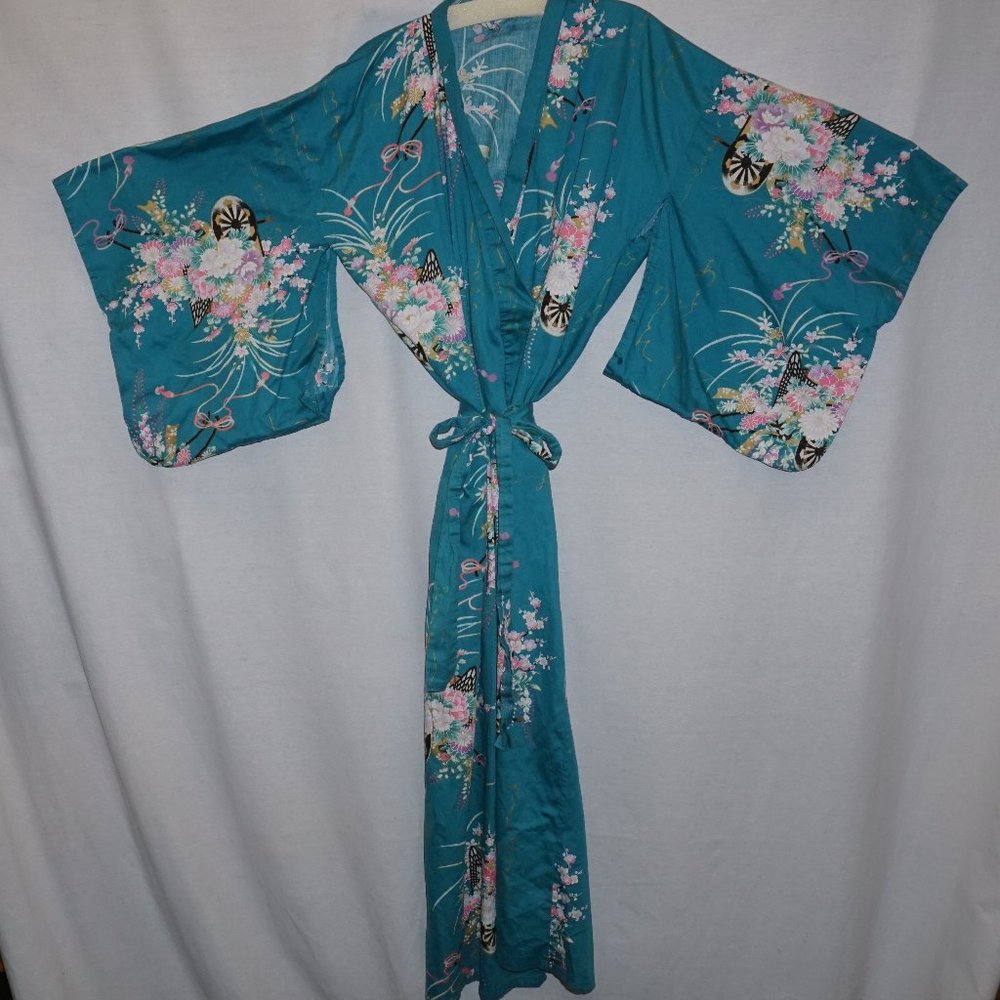 VTG Japanese Kimono Summer cotton turquoise pink floral  O/S traditional sleeves